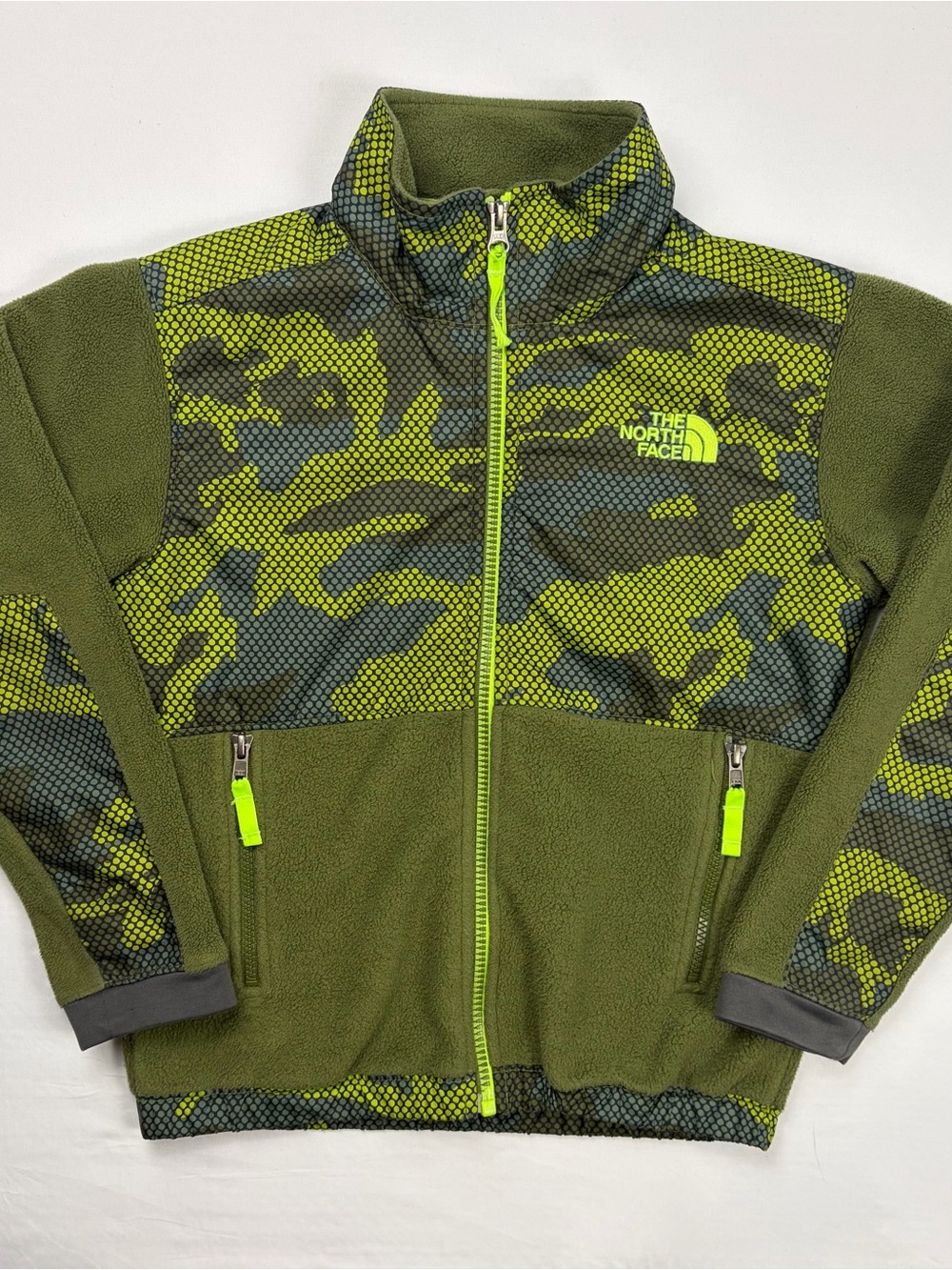 The North Face Olive Green Fleece with Neon Lime Trim size S 7-8 years